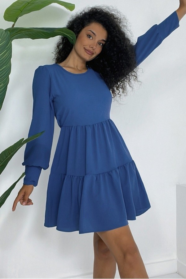 Round Neck Elastic Waist Elastic Skirt Layered Ayrobin Dress -İndigo