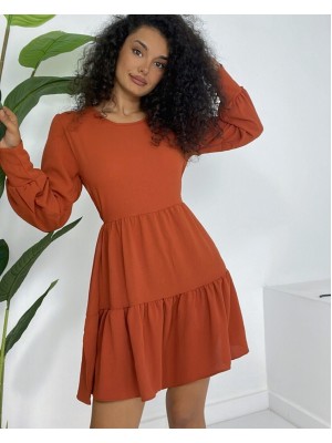 Round Neck Elastic Waist Elastic Skirt Layered Ayrobin Dress -Brick color