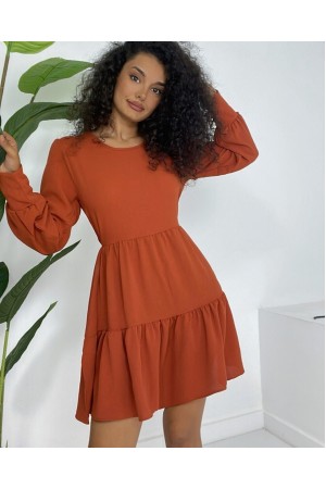 Yuvarlak Yaka Beli Lastikli Eteği Katlı Ayrobin Elbise -Kiremit