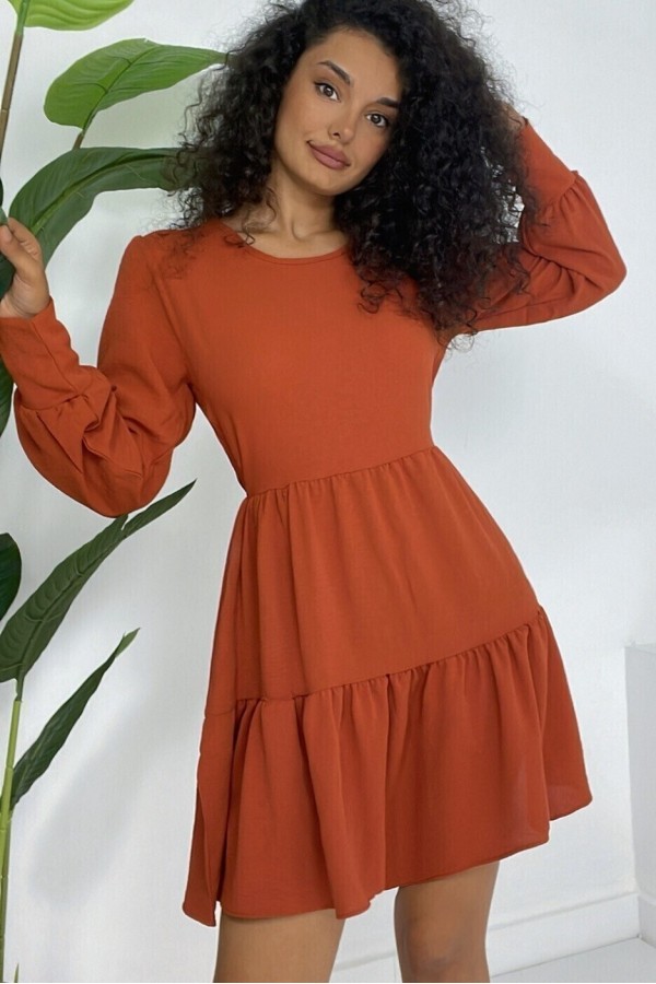 Round Neck Elastic Waist Elastic Skirt Layered Ayrobin Dress -Brick color