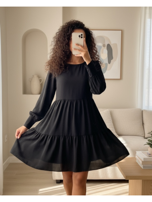 Yuvarlak Yaka Beli Lastikli Eteği Katlı Ayrobin Elbise -Siyah