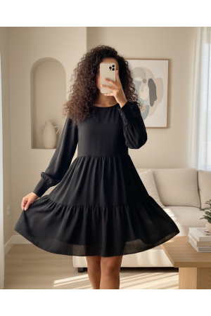 Yuvarlak Yaka Beli Lastikli Eteği Katlı Ayrobin Elbise -Siyah