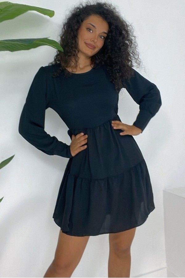 Round Neck Elastic Waist Elastic Skirt Layered Ayrobin Dress -Black