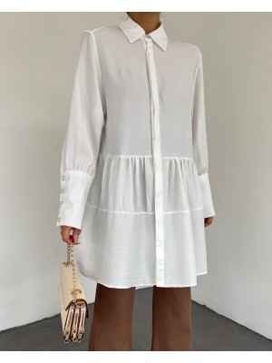 Kol Manşeti Taşlı Düğmeli Parçalı Keten Tunik -Ekru