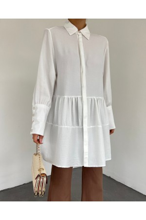Kol Manşeti Taşlı Düğmeli Parçalı Keten Tunik -Ekru