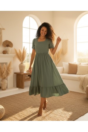 Square Collar Elastic Waist Short Sleeve Ayrobin Dress -Mint Color