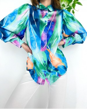 Colorful Juicy Pattern Satin Shirt - Turquoise