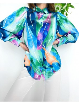 Renkli Sulu Desen Saten Gömlek -Turkuaz