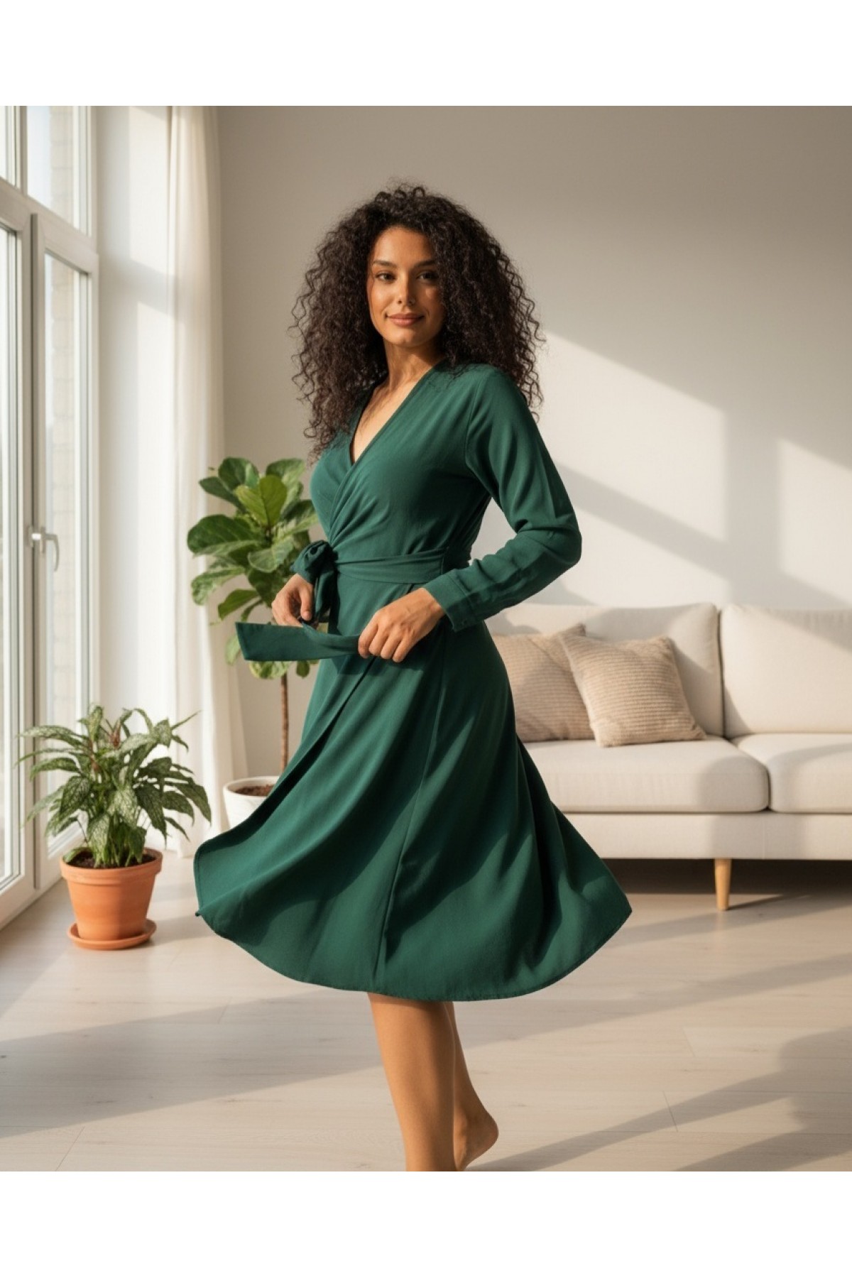 Double Breasted Collar Tied Frilled Ayrobin Dress   -Emerald