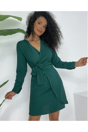 Kruvaze Yaka Bağlamalı Fırfırlı Ayrobin Elbise   -Zümrüt
