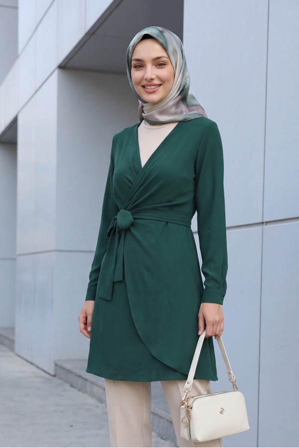Double Breasted Collar Tied Frilled Ayrobin Dress   -Emerald
