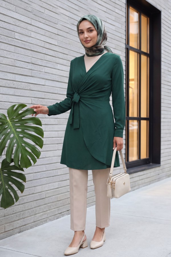 Double Breasted Collar Tied Frilled Ayrobin Dress   -Emerald