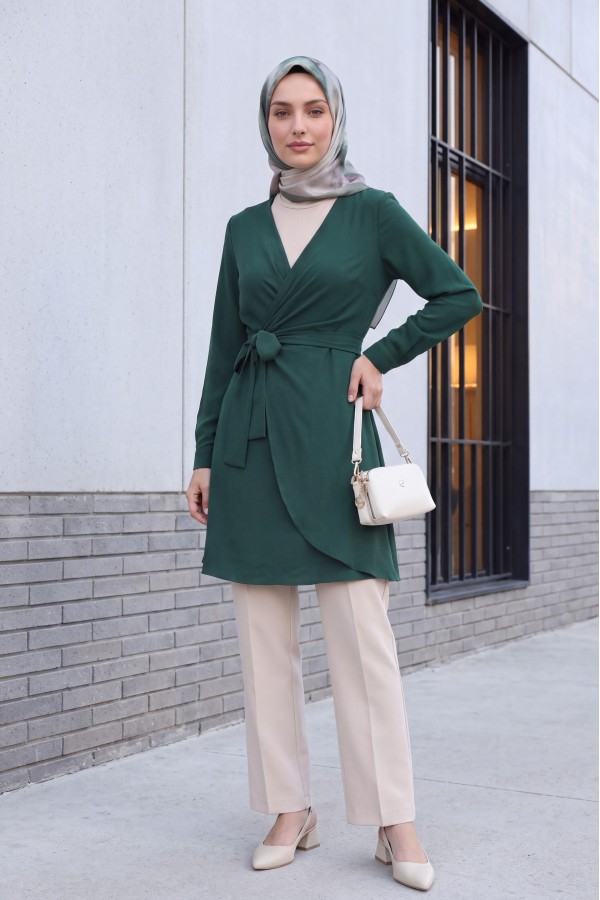 Double Breasted Collar Tied Frilled Ayrobin Dress   -Emerald
