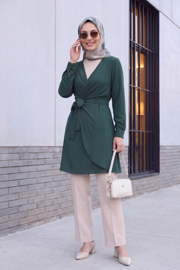 Double Breasted Collar Tied Frilled Ayrobin Dress   -Emerald