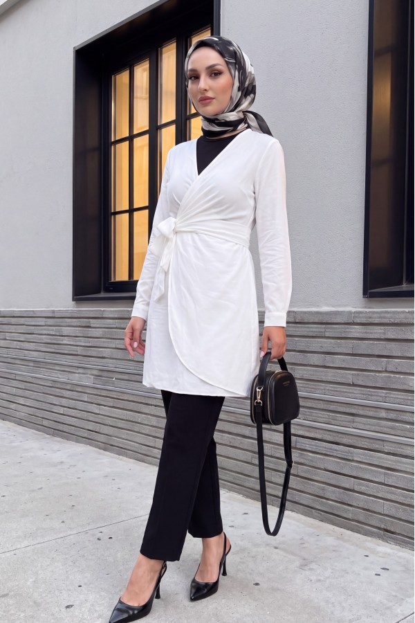 Double Breasted Collar Tied Frilled Ayrobin Dress    -White