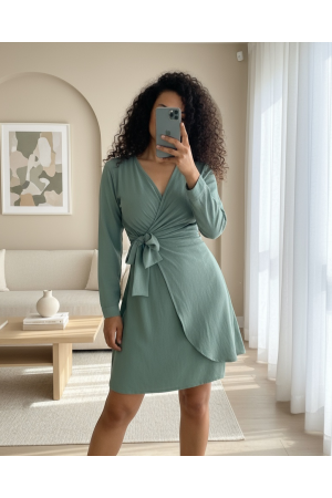 Kruvaze Yaka Bağlamalı Fırfırlı Ayrobin Elbise      -Mint
