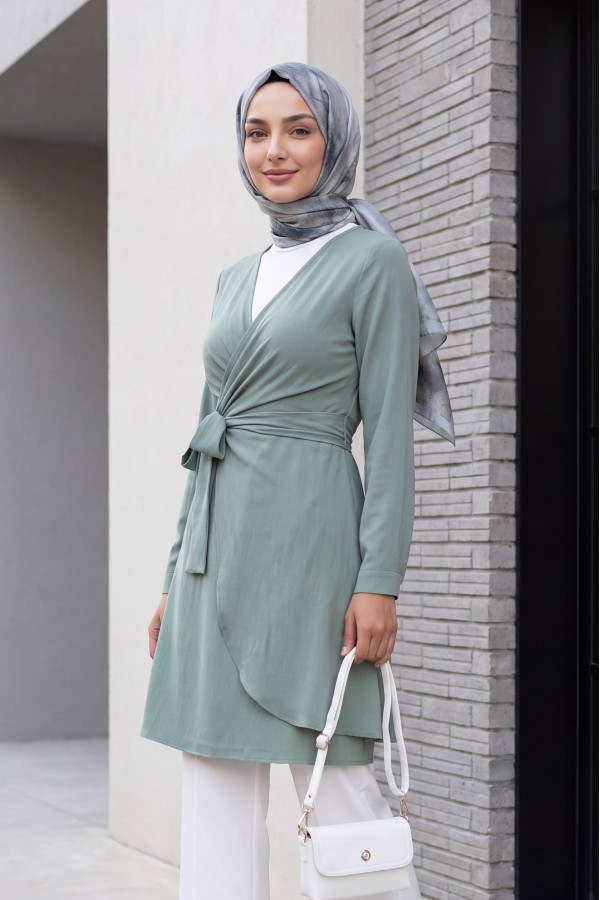 Kruvaze Yaka Bağlamalı Fırfırlı Ayrobin Elbise      -Mint