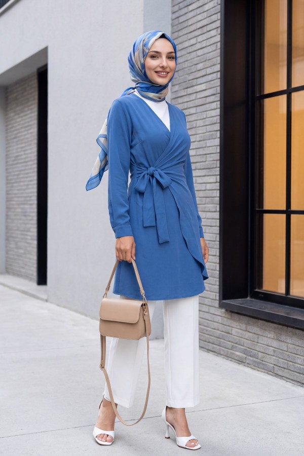 Double Breasted Collar Tied Frilled Ayrobin Dress       -İndigo