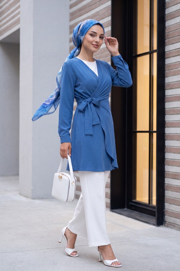 Double Breasted Collar Tied Frilled Ayrobin Dress       -İndigo