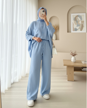 Double Pocket Half Bat Sleeve Loose Shirt Set -Baby Blue