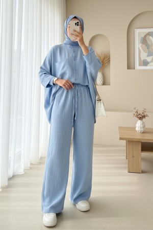 Çift Cepli Yarım Yarasa Kol Salaş Gömlek Takım -Bebe Mavi