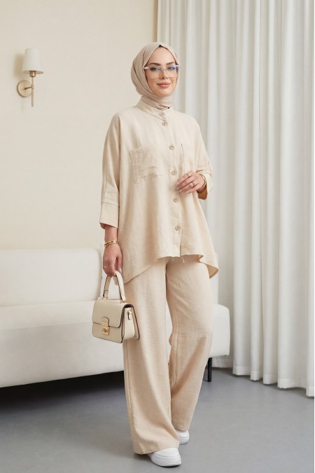 Çift Cepli Yarım Yarasa Kol Salaş Gömlek Takım -Bej