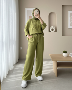 Double Pocket Half Bat Sleeve Loose Shirt Set -PISTACHIO GREEN