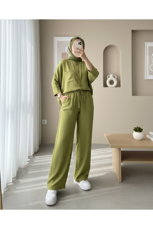 Çift Cepli Yarım Yarasa Kol Salaş Gömlek Takım -F.Yeşili