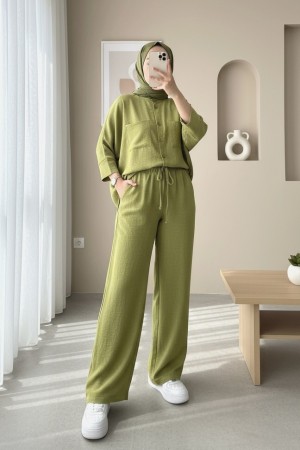 Çift Cepli Yarım Yarasa Kol Salaş Gömlek Takım -F.Yeşili