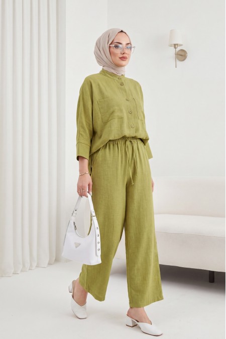 Çift Cepli Yarım Yarasa Kol Salaş Gömlek Takım -F.Yeşili