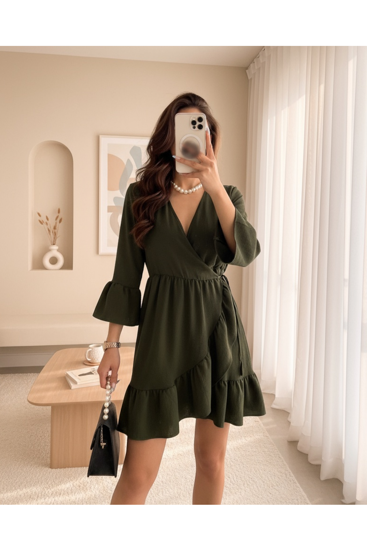 Frilly Skirt And Sleeves Elastic Waist Ayrobin Dress -Khaki