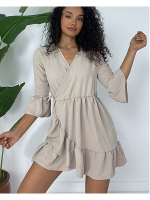 Frilly Skirt And Sleeves Elastic Waist Ayrobin Dress  -Light Mink