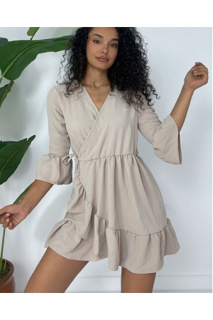 Eteği Ve Kolları Fırfırlı Beli Lastikli Ayrobin Elbise  -Açık Vizon