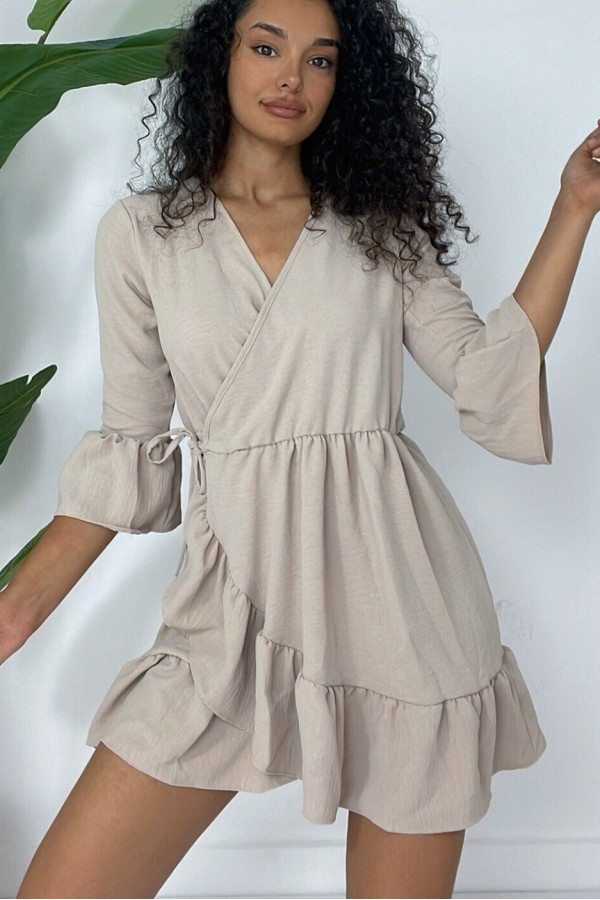 Frilly Skirt And Sleeves Elastic Waist Ayrobin Dress  -Light Mink