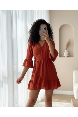 فستان ايروبين تنورة مكشكشة وأكمام خصر مطاطي  -لون القرميد