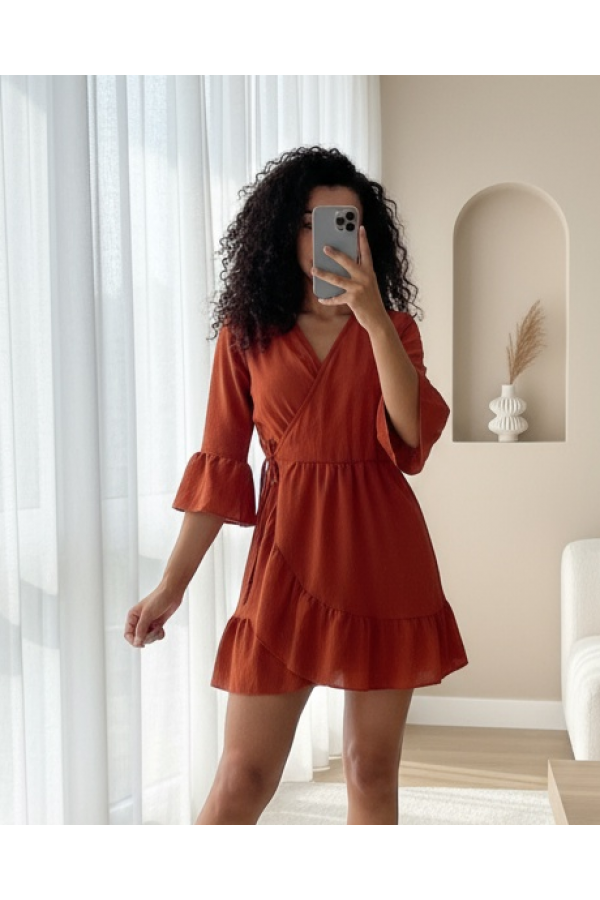 Eteği Ve Kolları Fırfırlı Beli Lastikli Ayrobin Elbise  -Kiremit