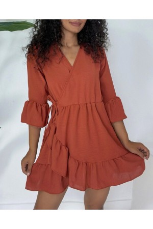 فستان ايروبين تنورة مكشكشة وأكمام خصر مطاطي  -لون القرميد