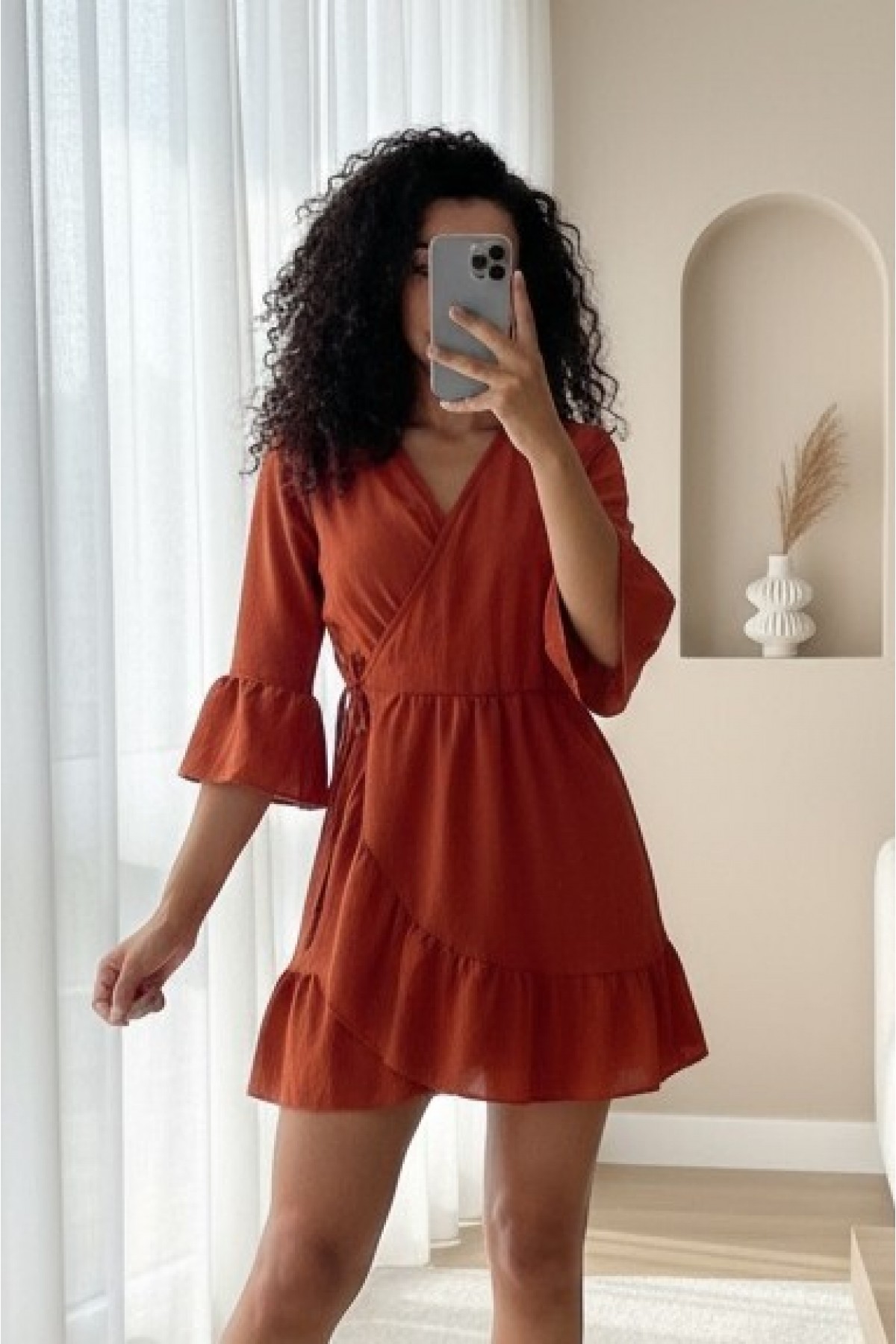 Frilly Skirt And Sleeves Elastic Waist Ayrobin Dress  -Brick color