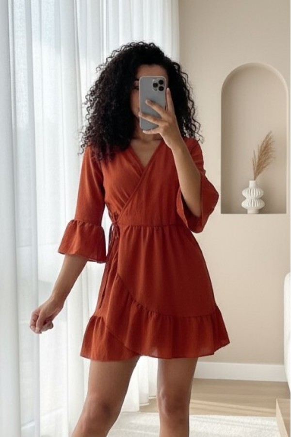 Frilly Skirt And Sleeves Elastic Waist Ayrobin Dress  -Brick color