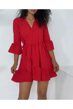Eteği Ve Kolları Fırfırlı Beli Lastikli Ayrobin Elbise  -Kırmızı