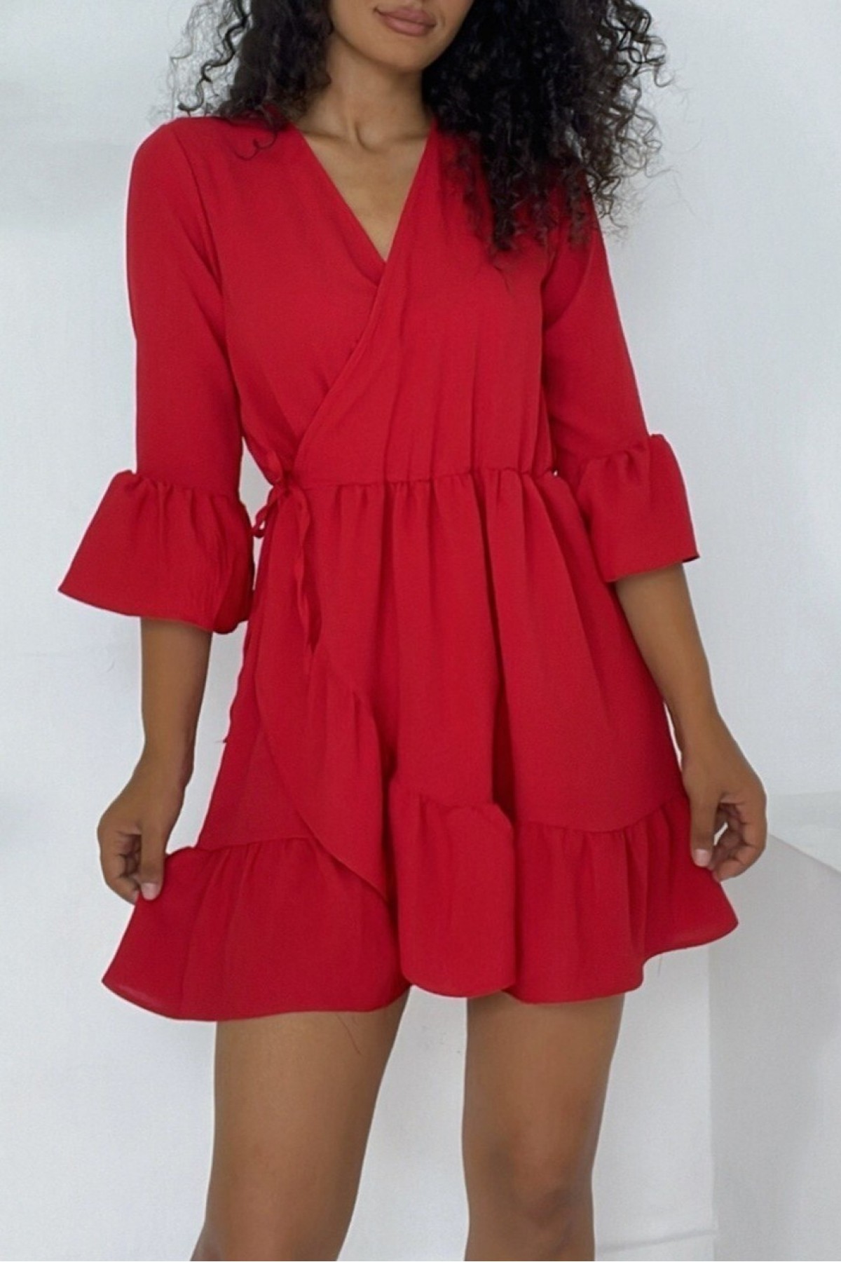 Frilly Skirt And Sleeves Elastic Waist Ayrobin Dress  -Red