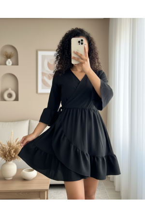 Eteği Ve Kolları Fırfırlı Beli Lastikli Ayrobin Elbise  -Siyah
