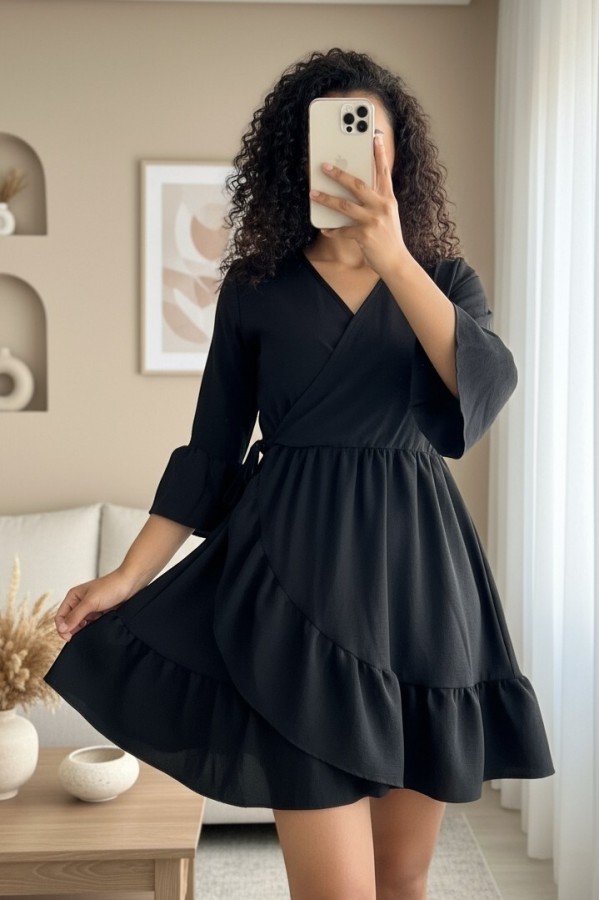 Frilly Skirt And Sleeves Elastic Waist Ayrobin Dress  -Black