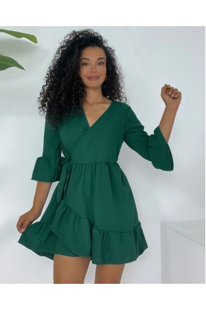 Eteği Ve Kolları Fırfırlı Beli Lastikli Ayrobin Elbise  -Zümrüt