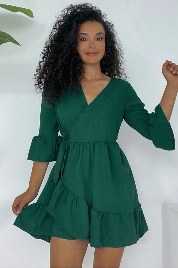 Frilly Skirt And Sleeves Elastic Waist Ayrobin Dress  -Emerald