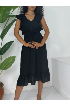 Omuzu Fırfırlı Beli Lastikli Sıfır Kol Midi Boy Ayrobin Elbise -Siyah