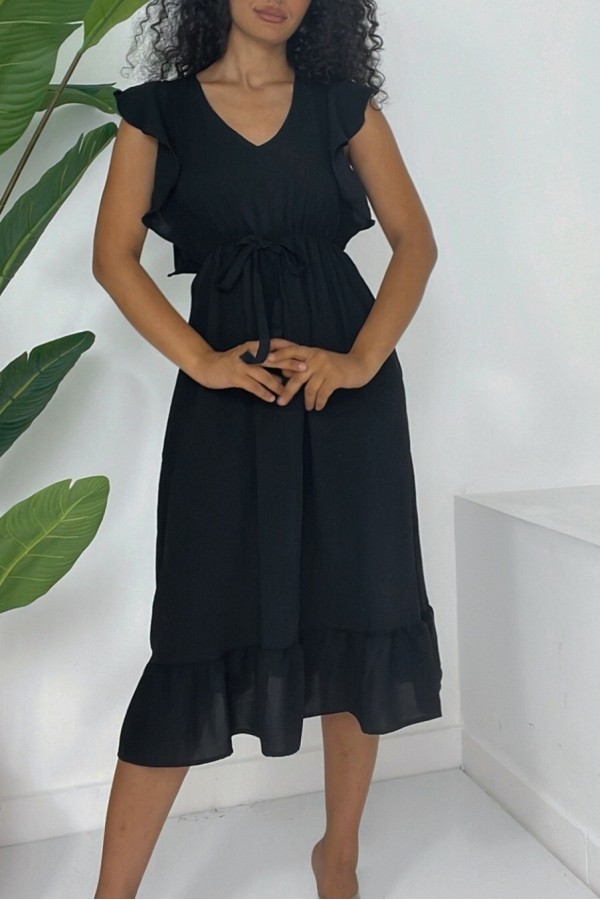 Frill Shoulder Elastic Waist Zero Sleeve Midi Length Ayrobin Dress -Black