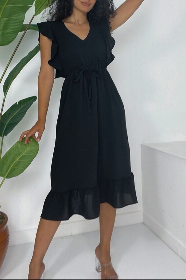 Frill Shoulder Elastic Waist Zero Sleeve Midi Length Ayrobin Dress -Black