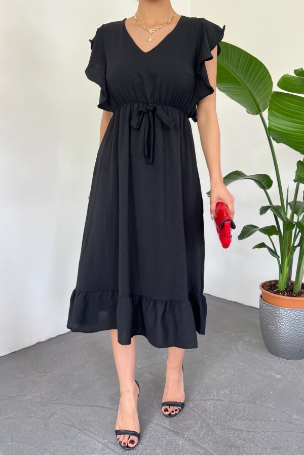 Frill Shoulder Elastic Waist Zero Sleeve Midi Length Ayrobin Dress -Black