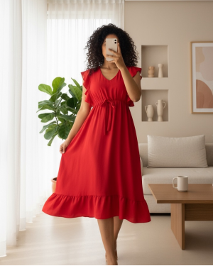 فستان أيروبين متوسط ​​الطول بأكتاف مكشكشة وخصر مطاطي وأكمام صفرية  -أحمر